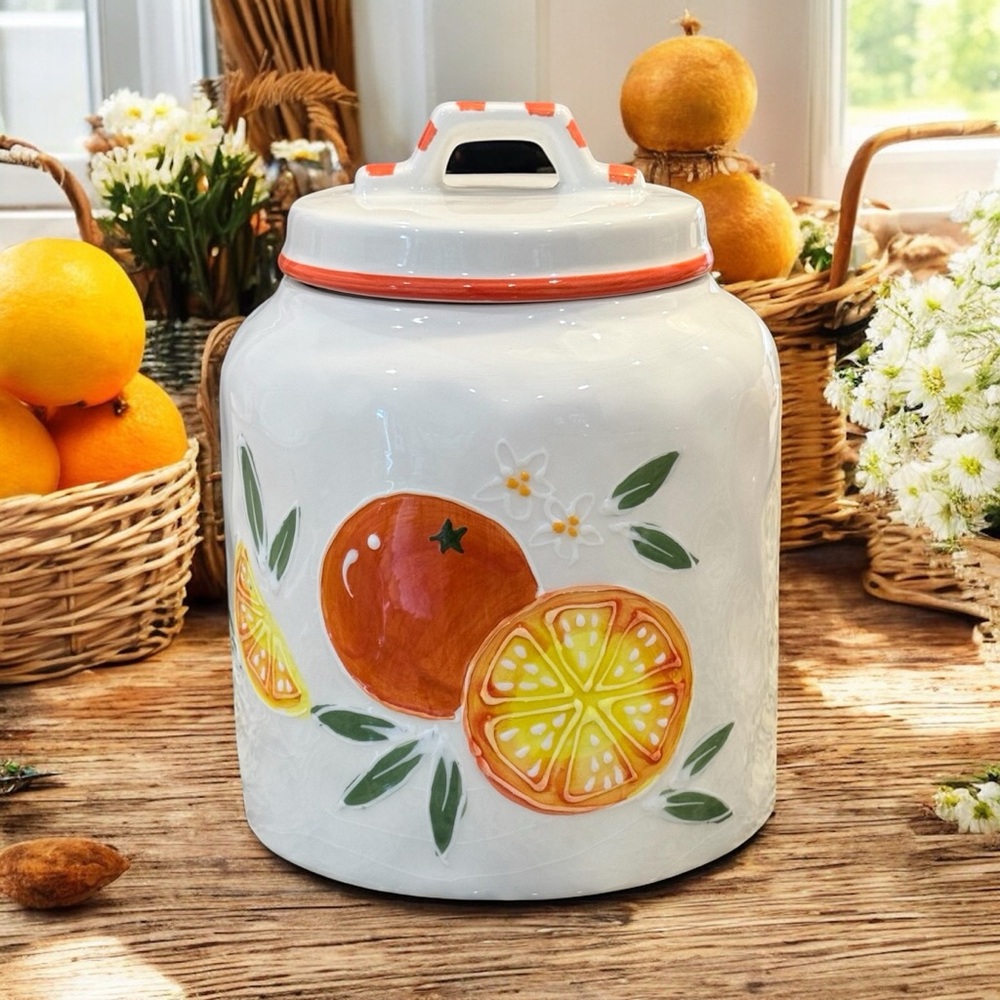 NEW Beautiful Loop Top Ceramic Canister With Vibrant Peaches